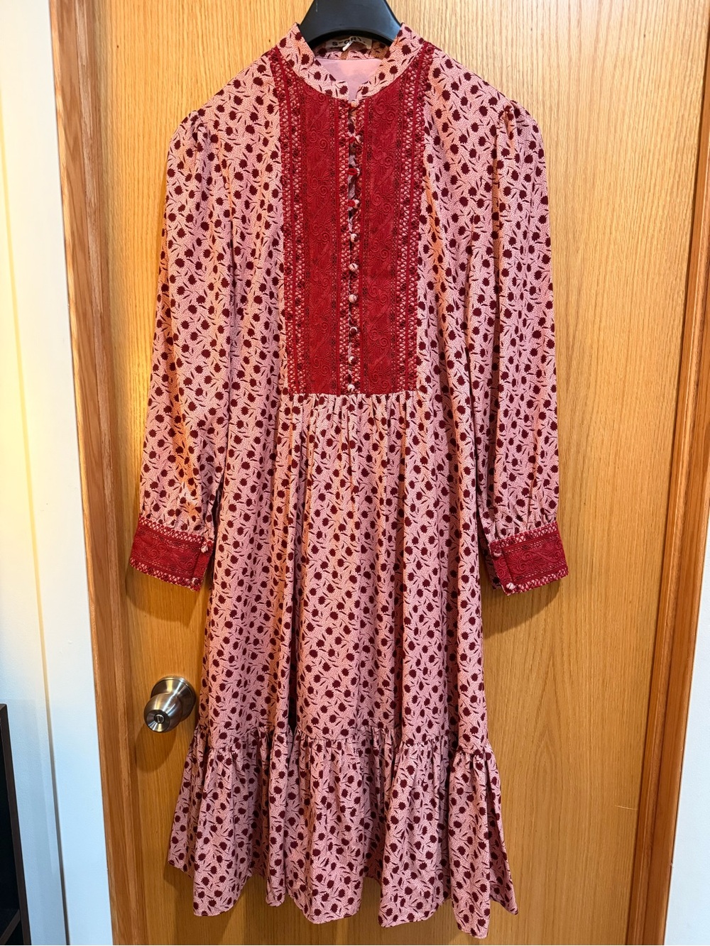 Woman Pink and Red Printed Long-Sleeve Dress